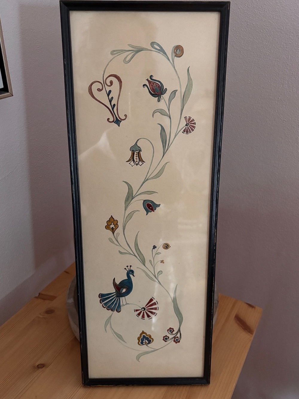 Folk Art Painting Peacock Framed Hand Painted Vintage